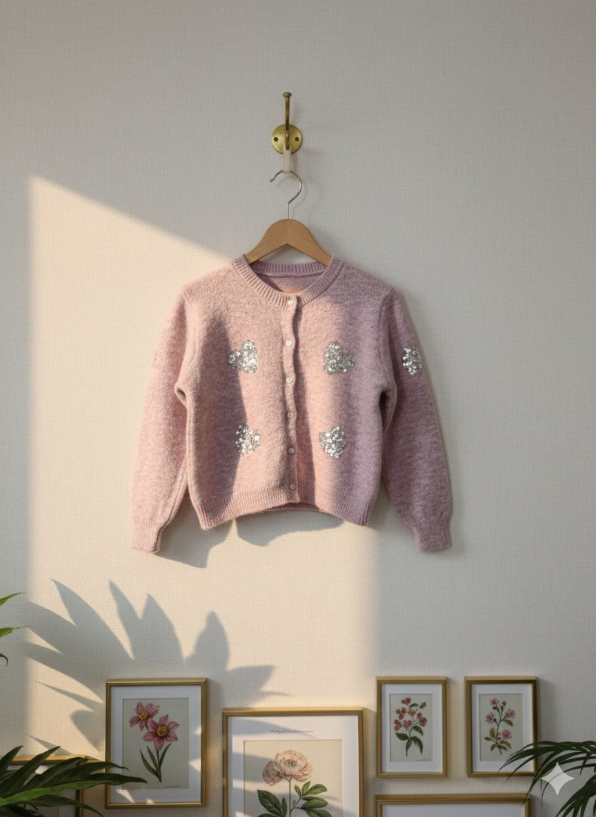 Sequin-Embellished Heart Cardigan - Pink