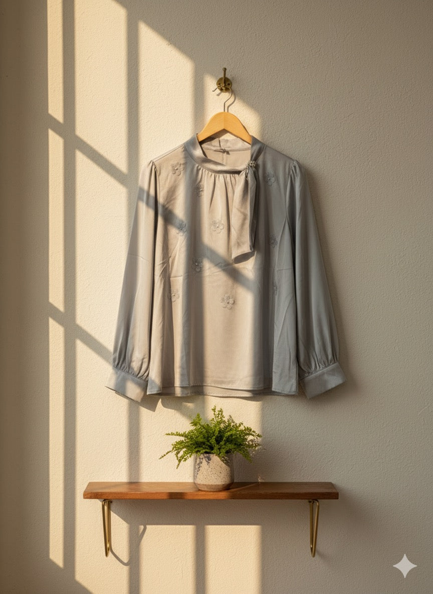 Embroidered Tie-Neck Blouse - Ash