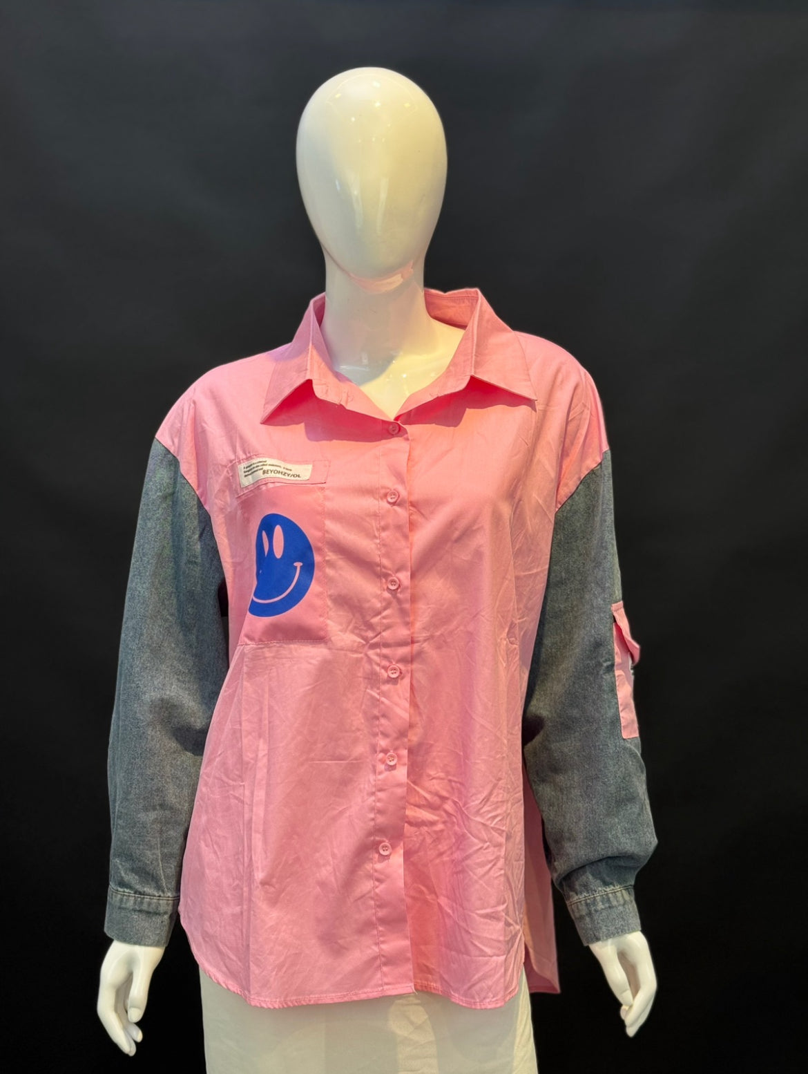 Pink Button Down Shirt With Denim Sleeve