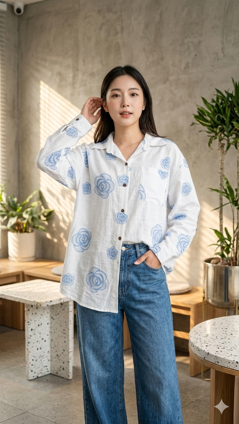 Minimal Bloom Shirt - Blue Floral