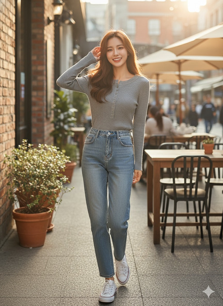 Ribbed Henley Top - Ash