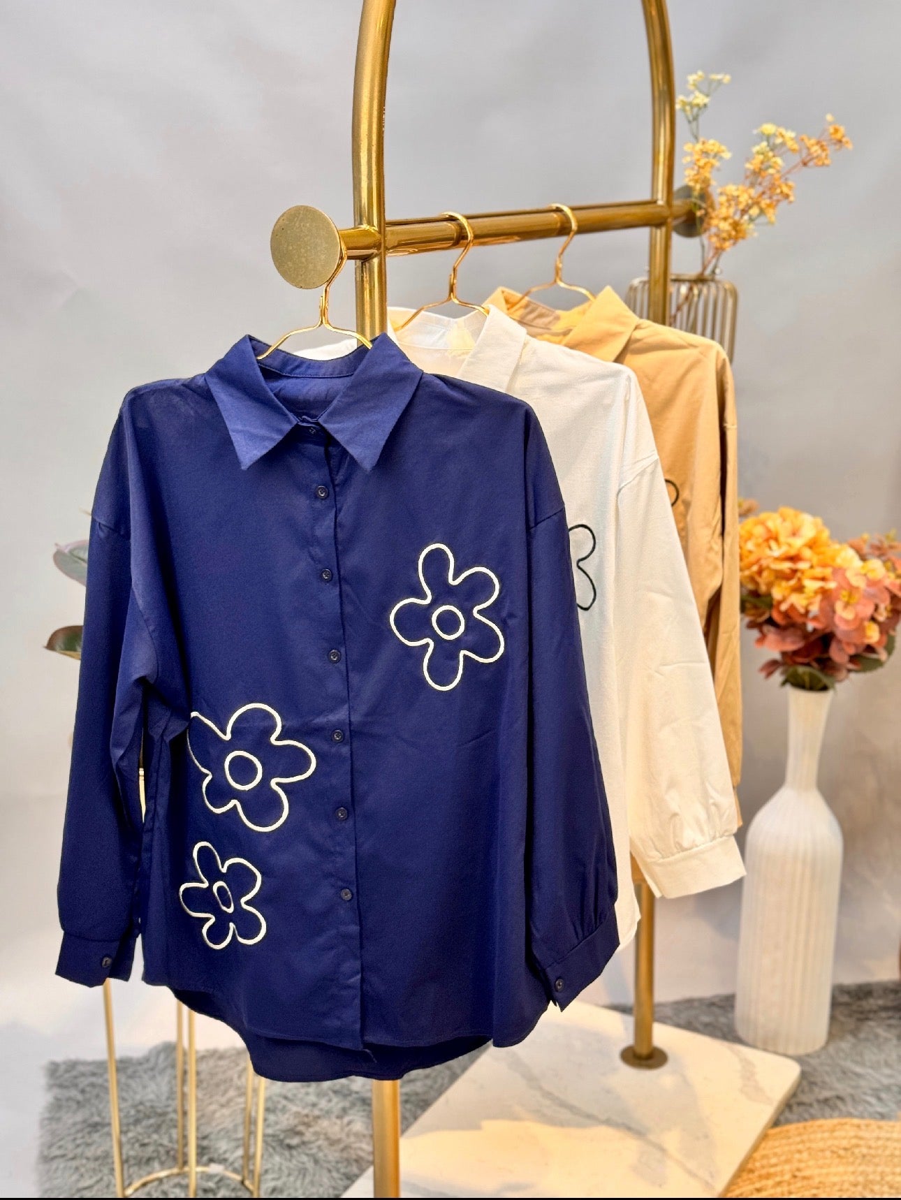 Navy Blue Oversized Embroidered Shirt