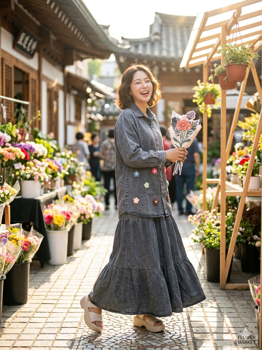 Floral Charm Denim Dress - Grey
