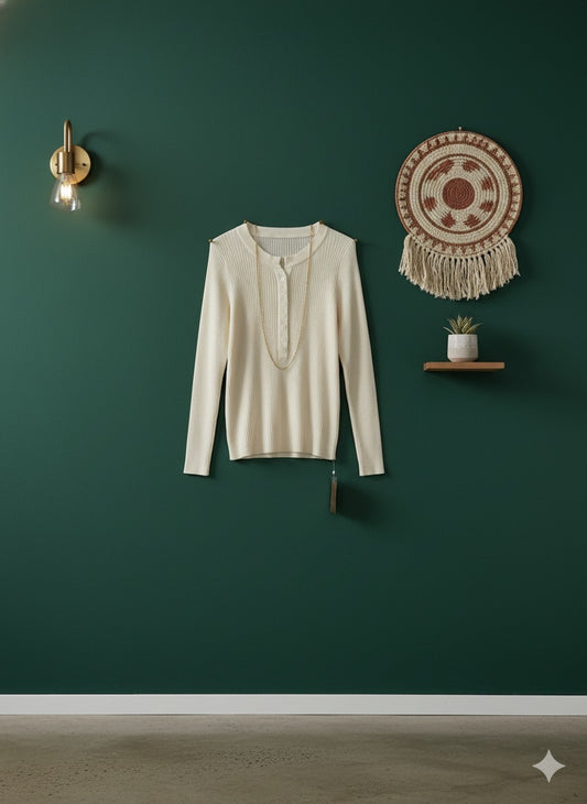 Ribbed Henley Top - Off White