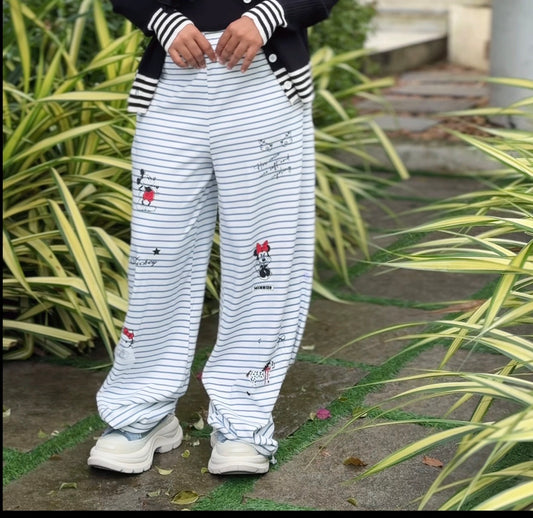 Pinstripe Cartoon Wide-Leg Pants - Blue