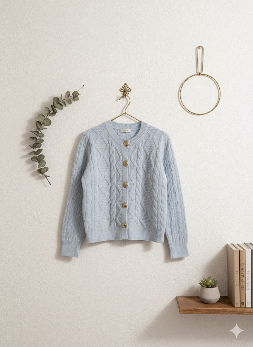 Blue Cable Knit Cardigan.