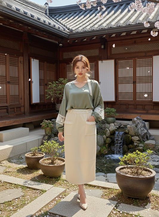 Vintage Lace Accent Skirt - Cream