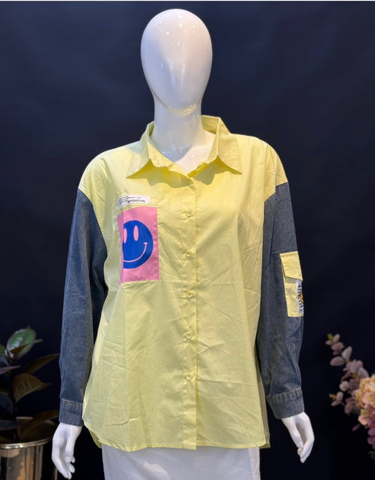 Yellow Button Down Shirt With Denim Sleeve
