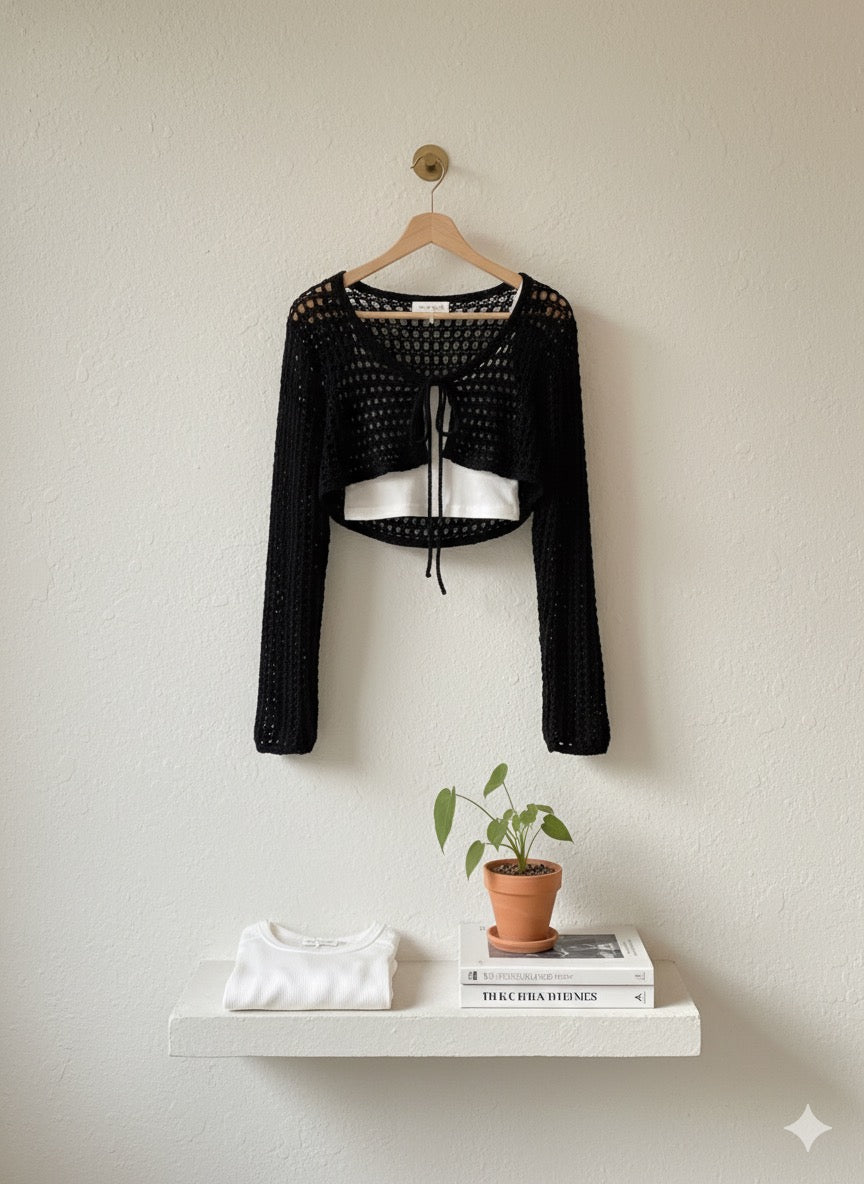 Crochet Lace-Up Shrug - Black