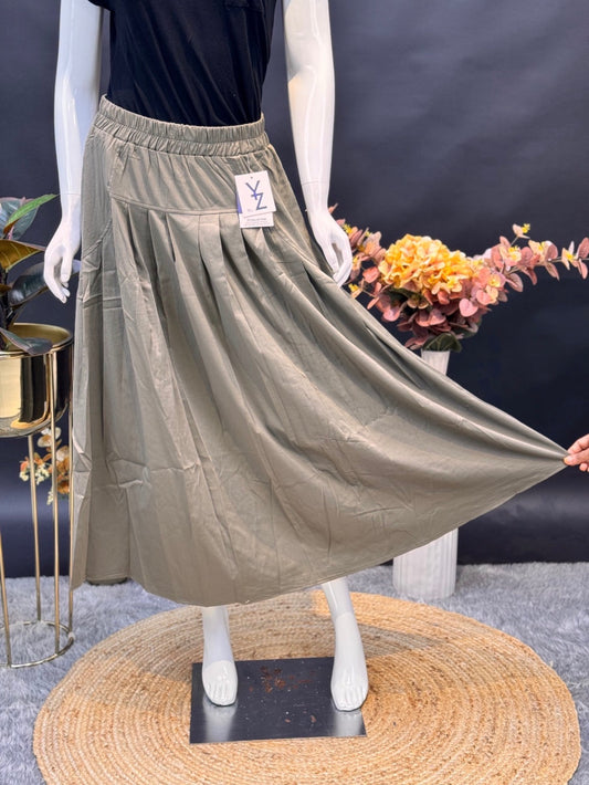 Olive Green Flared Skirt With Pleats