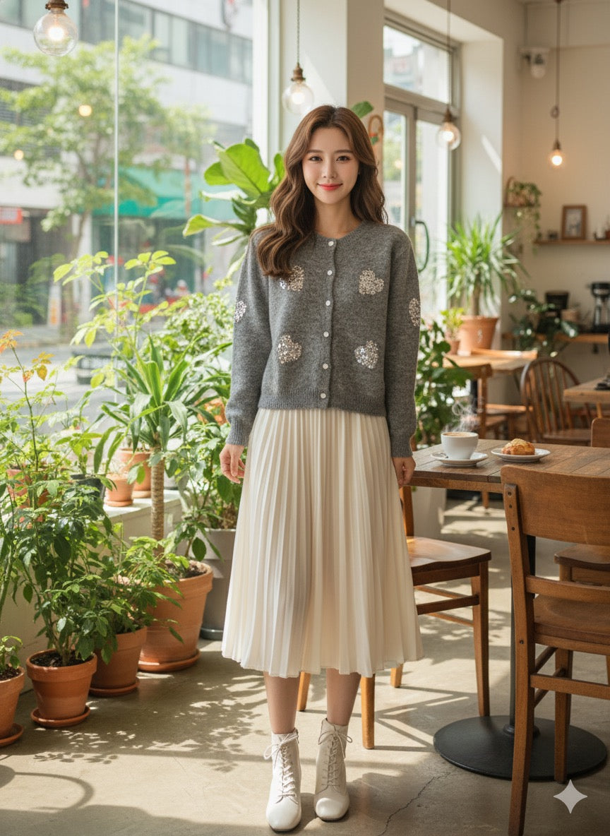 Sequin-Embellished Heart Cardigan - Ash