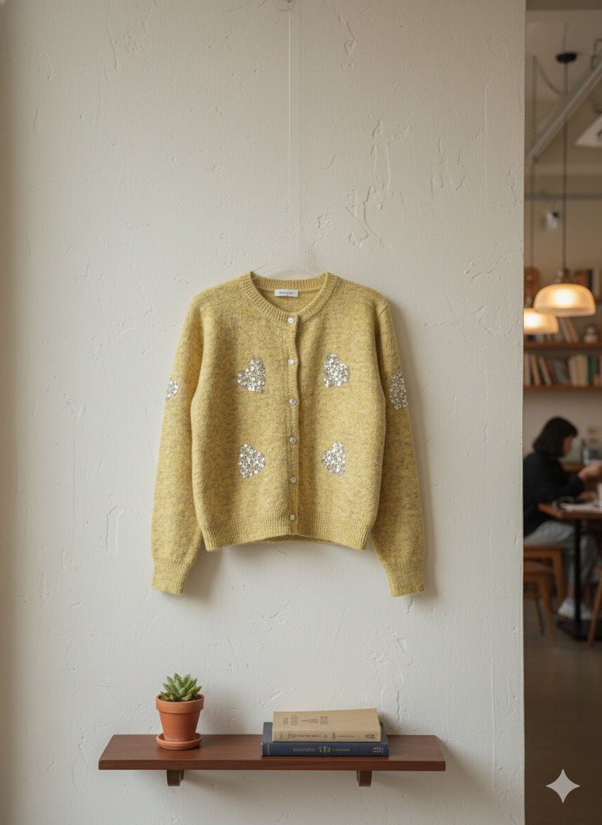 Sequin-Embellished Heart Cardigan - Yellow