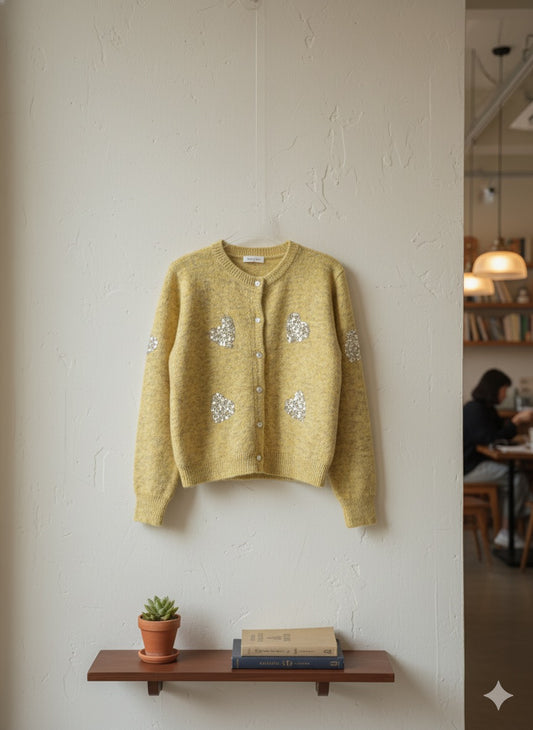 Sequin-Embellished Heart Cardigan - Yellow