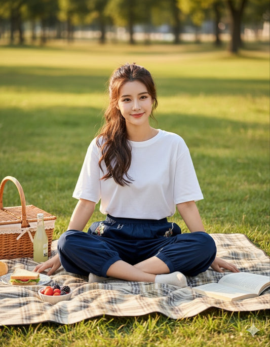 Navy Blue Embroidered Cropped Harem Pants