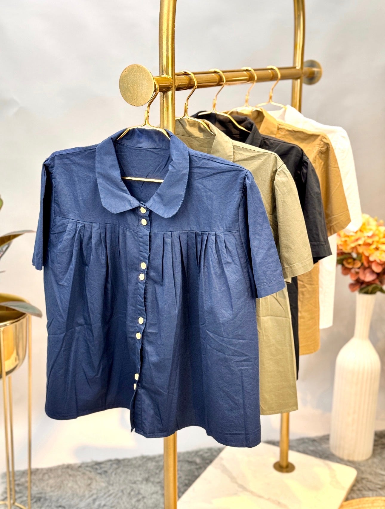 Navy Blue Pleated Baby Doll Shirt