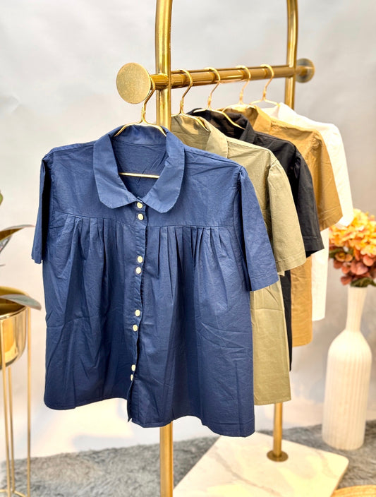 Navy Blue Pleated Baby Doll Shirt