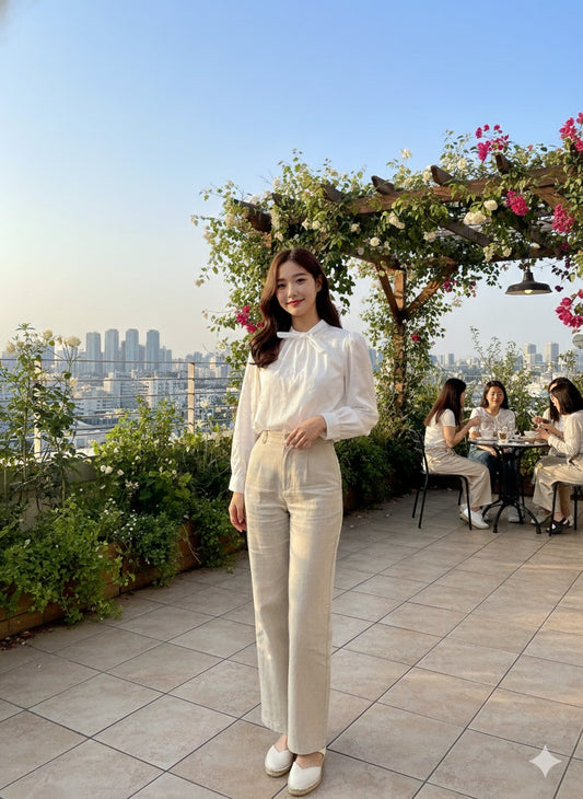 Embroidered Tie-Neck Blouse- White