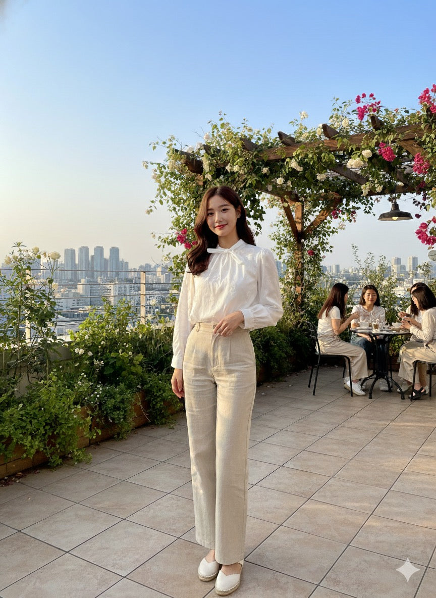 Embroidered Tie-Neck Blouse- White