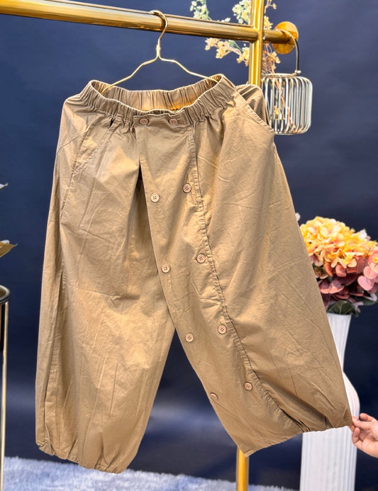Beige Boho Buttoned Drop-Crorch Pants
