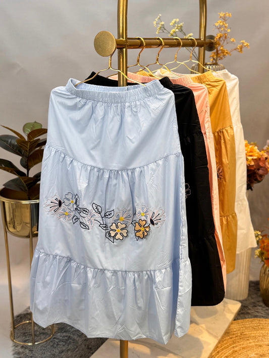 Blue Tiered Embroidered Skirt