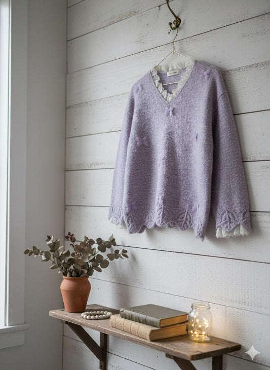 lavender fuzzy knit sweater with a scalloped hem.