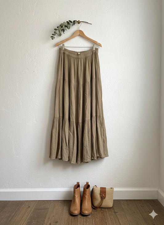 Beige Boho Tiered Long Skirt