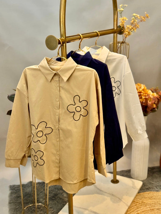 Beige Oversized Embroidered Modesty Shirt