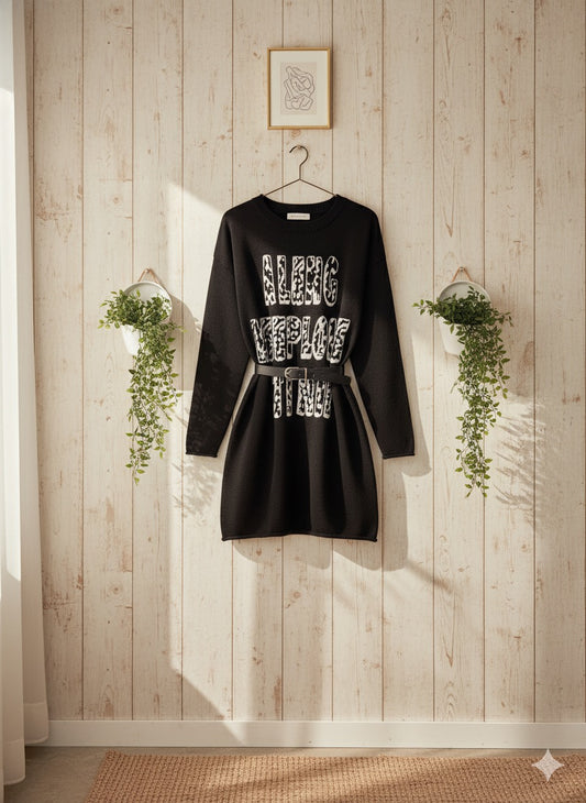 Graphic-Tunic Dress - Black