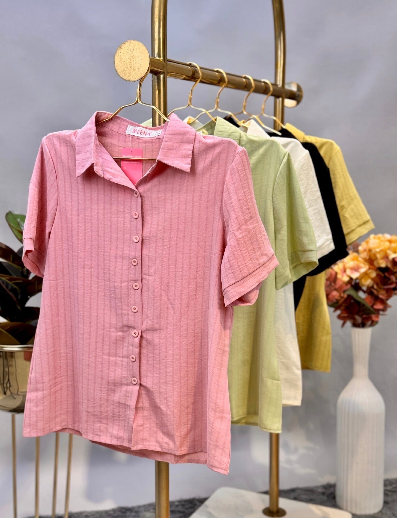 Pink Vertical Rib Textured Collared Shirt