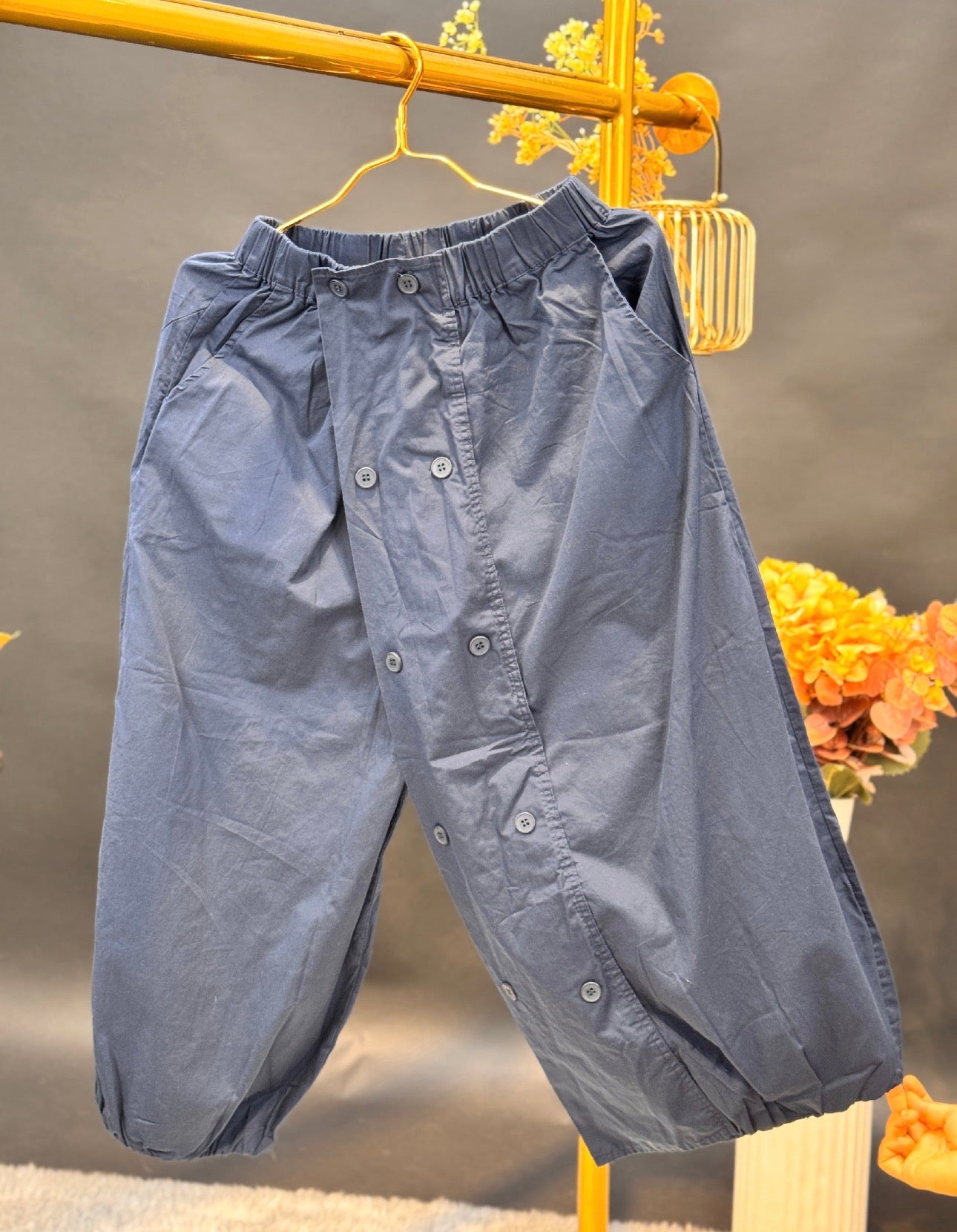 Navy Blue Boho Buttoned Drop-Crotch Pants