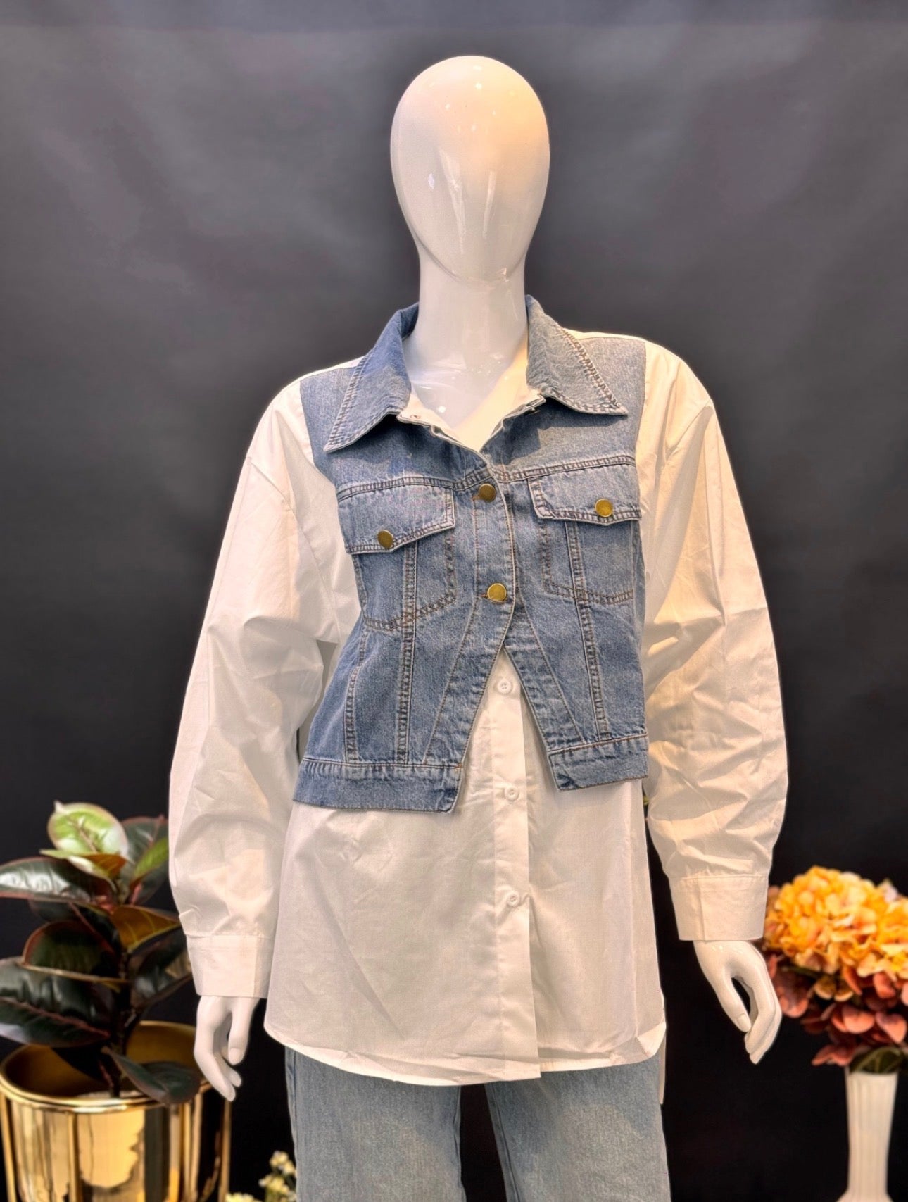 Oversized White Shirt With Cropped Denim Vest