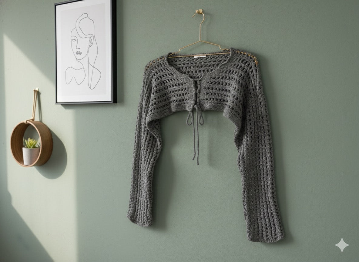 Crochet Lace-Up Shrug - Ash