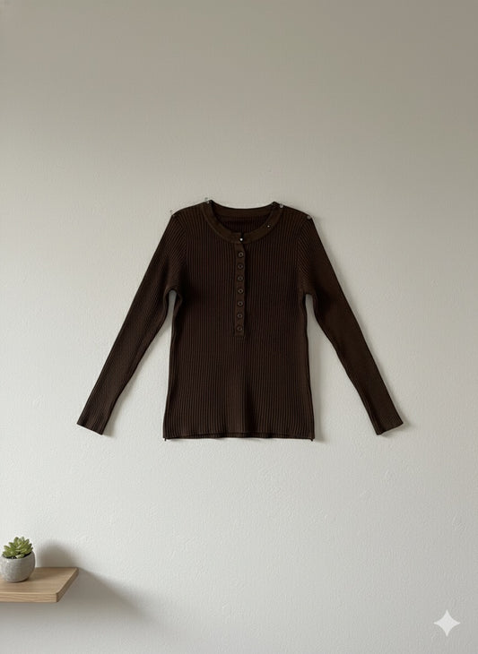 Ribbed Henley Top - Brown