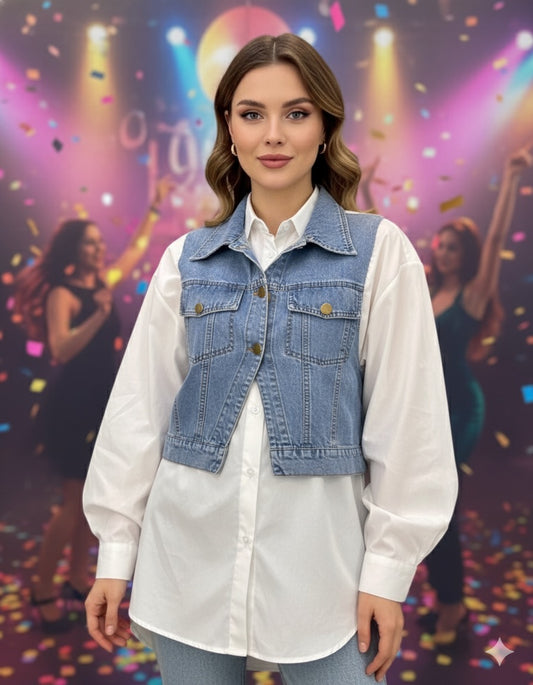 Oversized White Shirt With Cropped Denim Vest