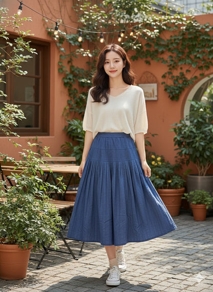 Classic Pleat Denim Skirt - Dark