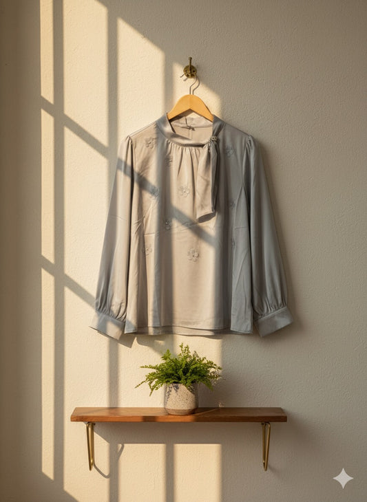 Embroidered Tie-Neck Blouse - Ash