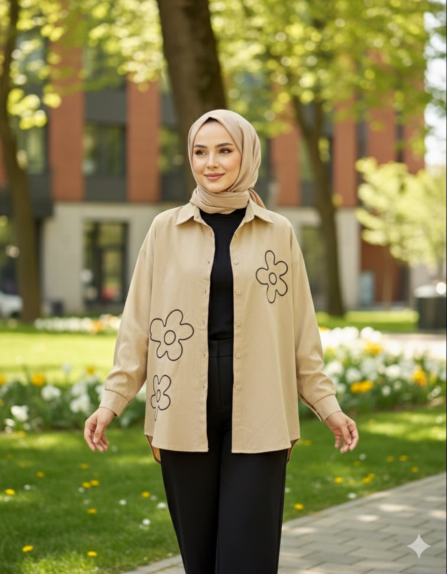 Beige Oversized Embroidered Modesty Shirt