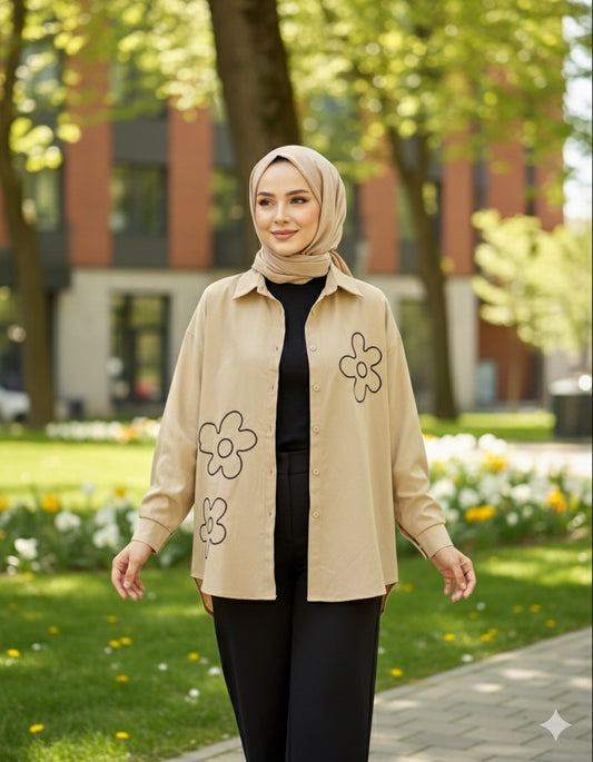 Beige Oversized Embroidered Modesty Shirt