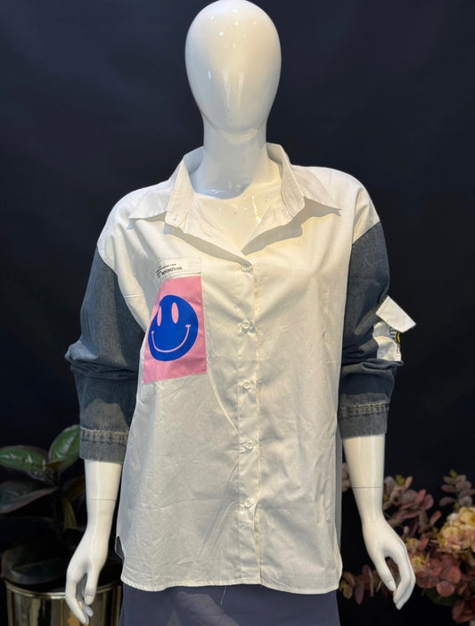 White Button Down Shirt with Denim Sleeve