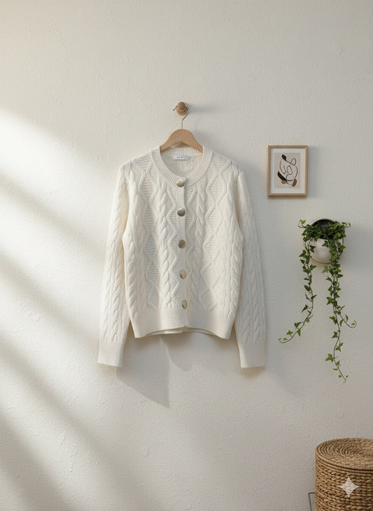 White Cable Knit Cardigan.