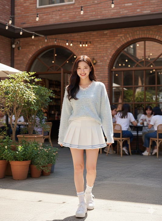 Blue fuzzy knit sweater with a scalloped hem.