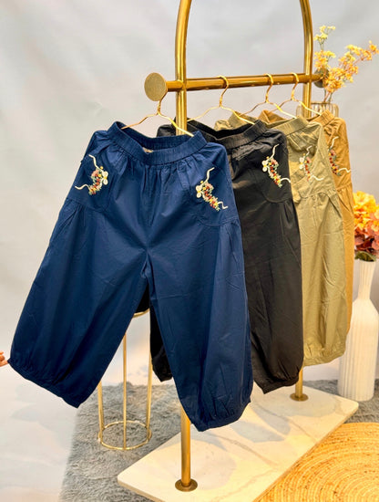 Navy Blue Embroidered Cropped Harem Pants