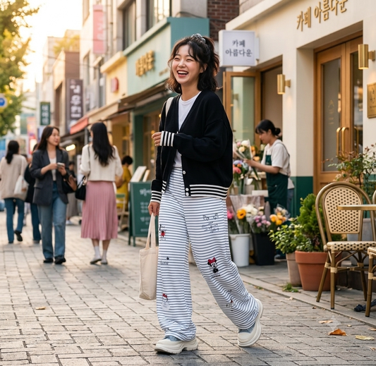 Pinstripe Cartoon Wide-Leg Pants - Blue
