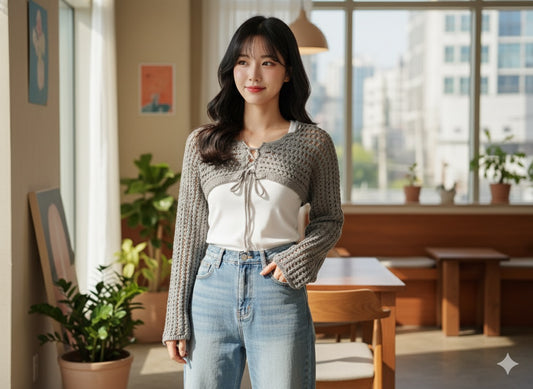 Crochet Lace-Up Shrug - Ash