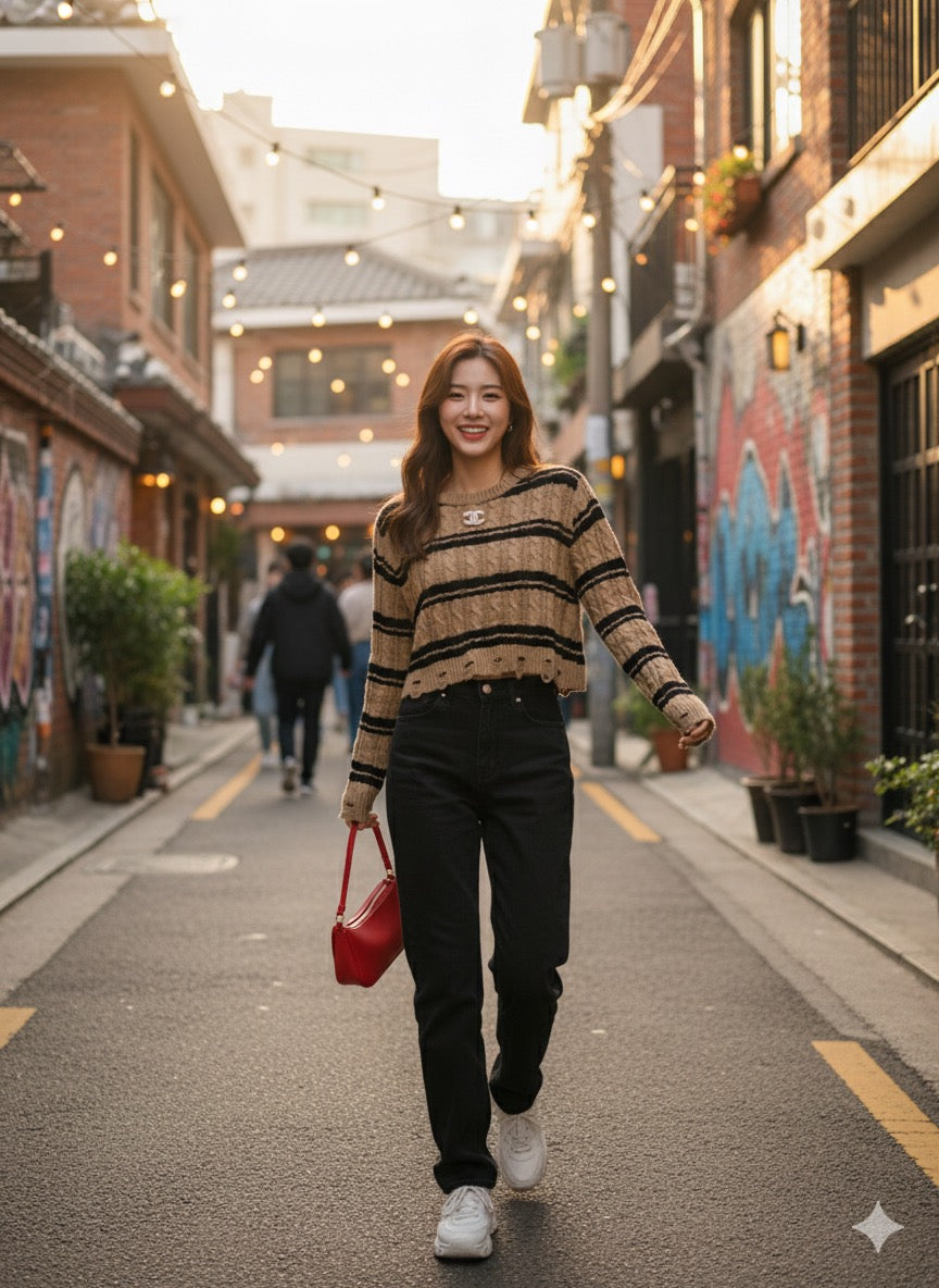 Striped Cropped Jumper - Brown