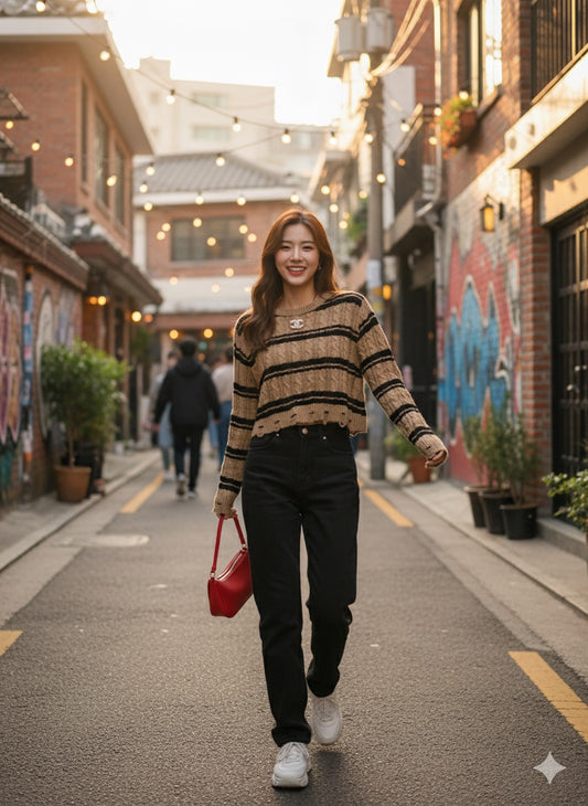 Striped Cropped Jumper - Brown