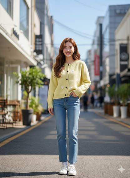 Floral Embroidered Cardigan - Yellow