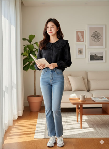 Black Sheer Embroidered Peter Pan Collar Blouse