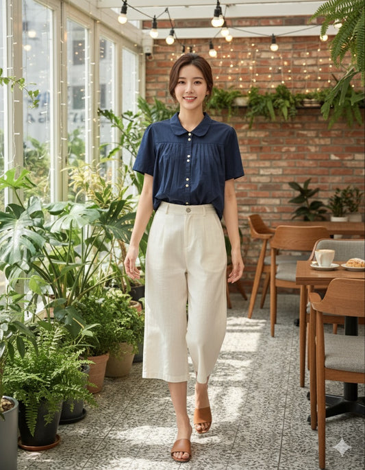 Navy Blue Pleated Baby Doll Shirt