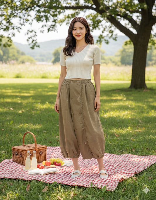 Beige Boho Buttoned Drop-Crorch Pants